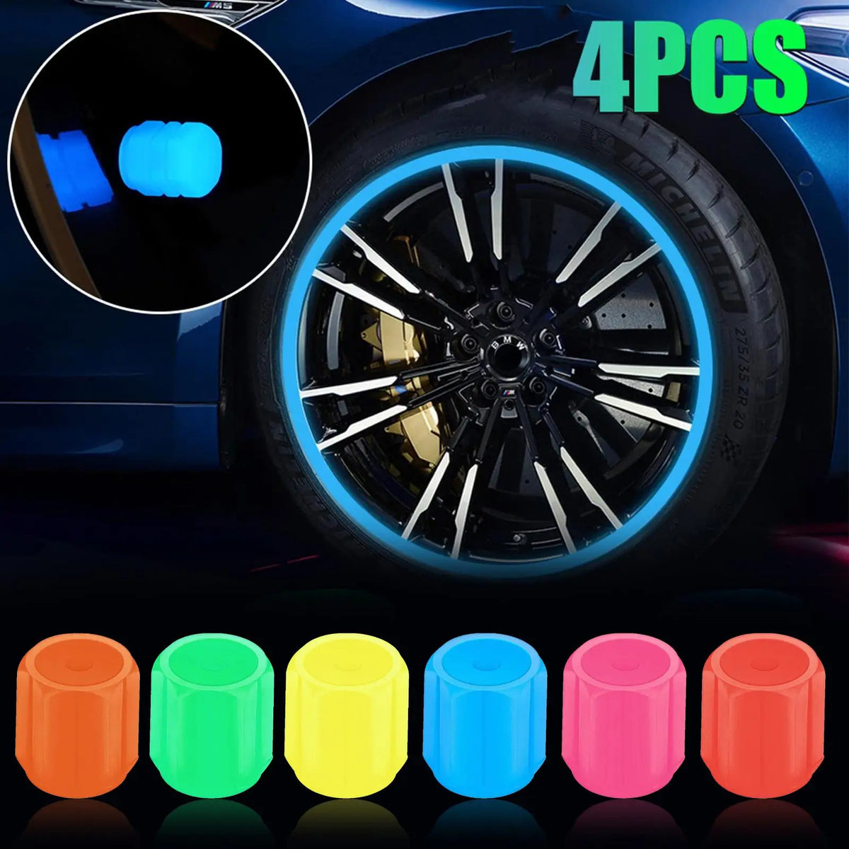 Glow in the Dark Tire Valve Stem Caps, Set of 4