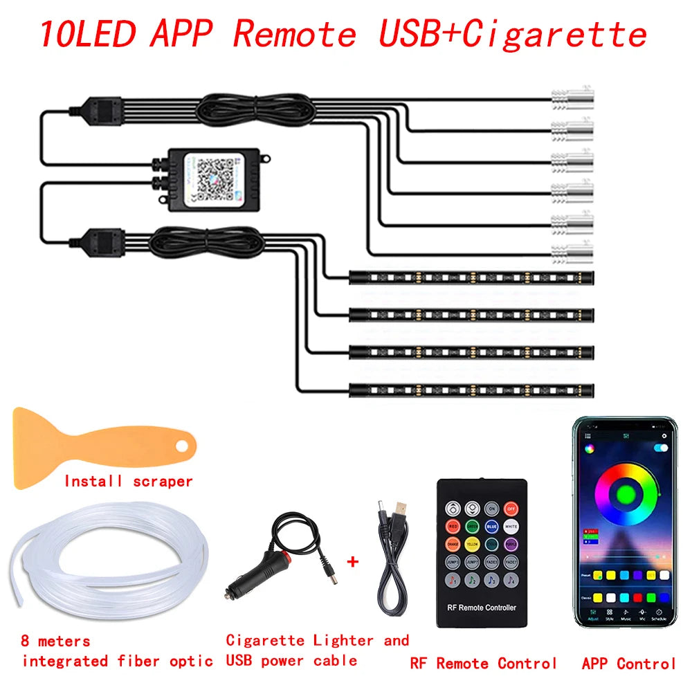 LED Car Interior Ambient Strip Lights RGB Fiber Optic Neon Kit with APP Remote Control