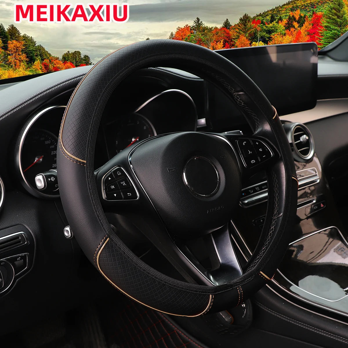 Check Pattern Embossed PU Leather Steering Wheel Cover, 37-38cm