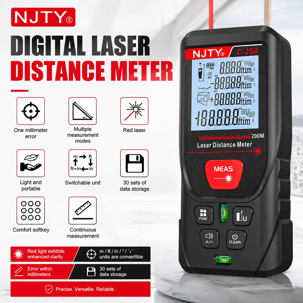 C-50/100/200m Laser Distance Meter Handheld Digital Rangefinder Area Volume Pythagorean Measurement Backlit LCD Display Tools