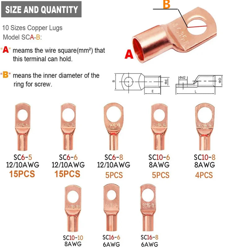 100pcs Copper Ring Lug Terminal Kit AWG 4 6 8 10 12 With Shrink Tubing