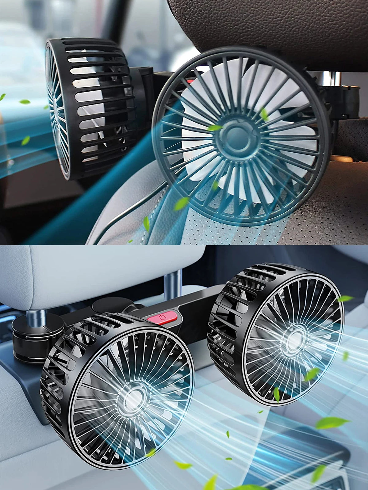 Dual Head Car Seat Back Cooling Fan, USB, 3-Speed, 360° Rotation
