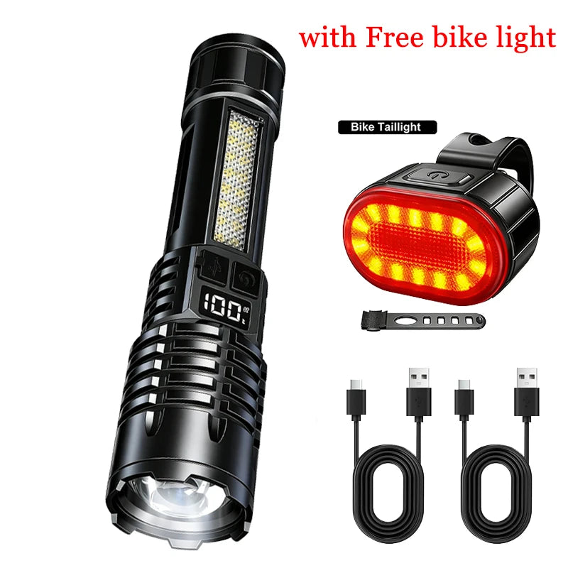 Rechargeable Zoom LED Flashlight with Display & Side Work Light