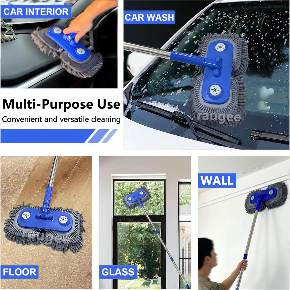 Car Cleaning Brush Double Head Car Wash Brush Telescoping Long Handle Car Wash Mop Soft Hair Chenille Broom Auto Cleaning Brush