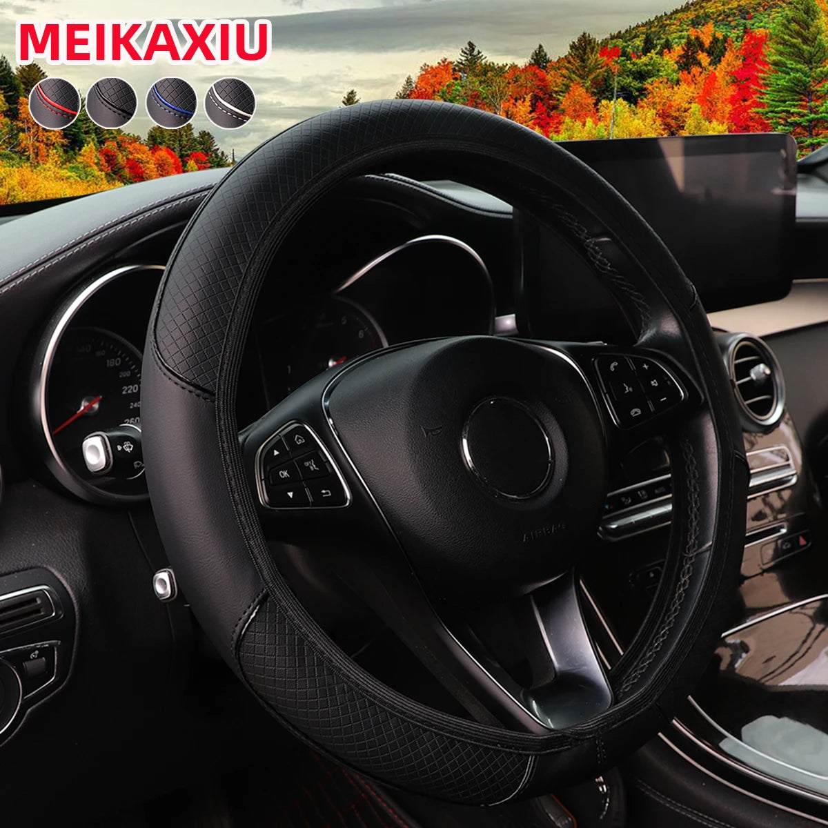 Check Pattern Embossed PU Leather Steering Wheel Cover, 37-38cm