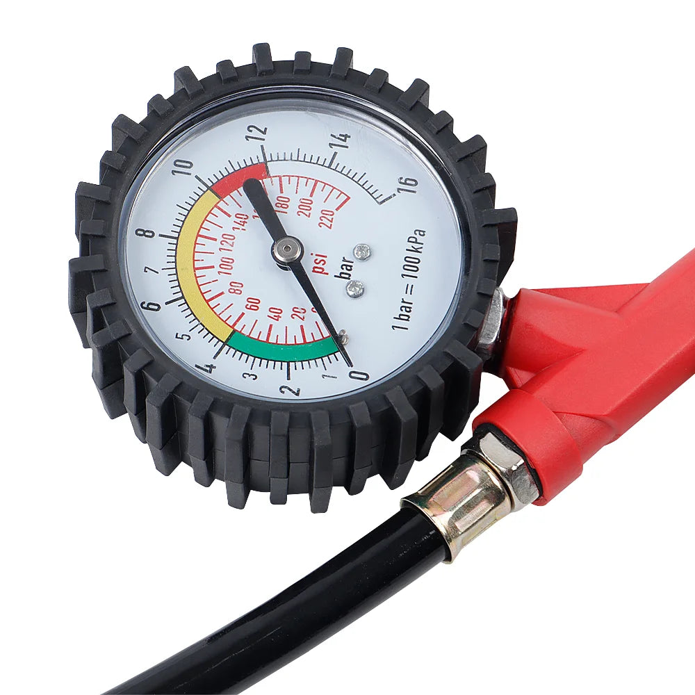 Dual-Scale Tire Pressure Gauge 0–220 PSI with Hose