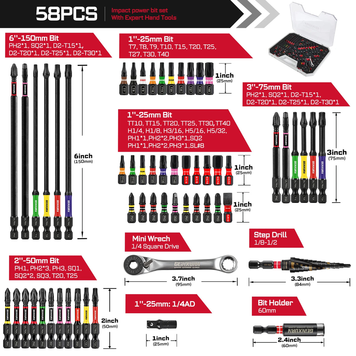 58-Piece Tool Set with Impact Bits, Step Drill, Socket Adapter - image 16
