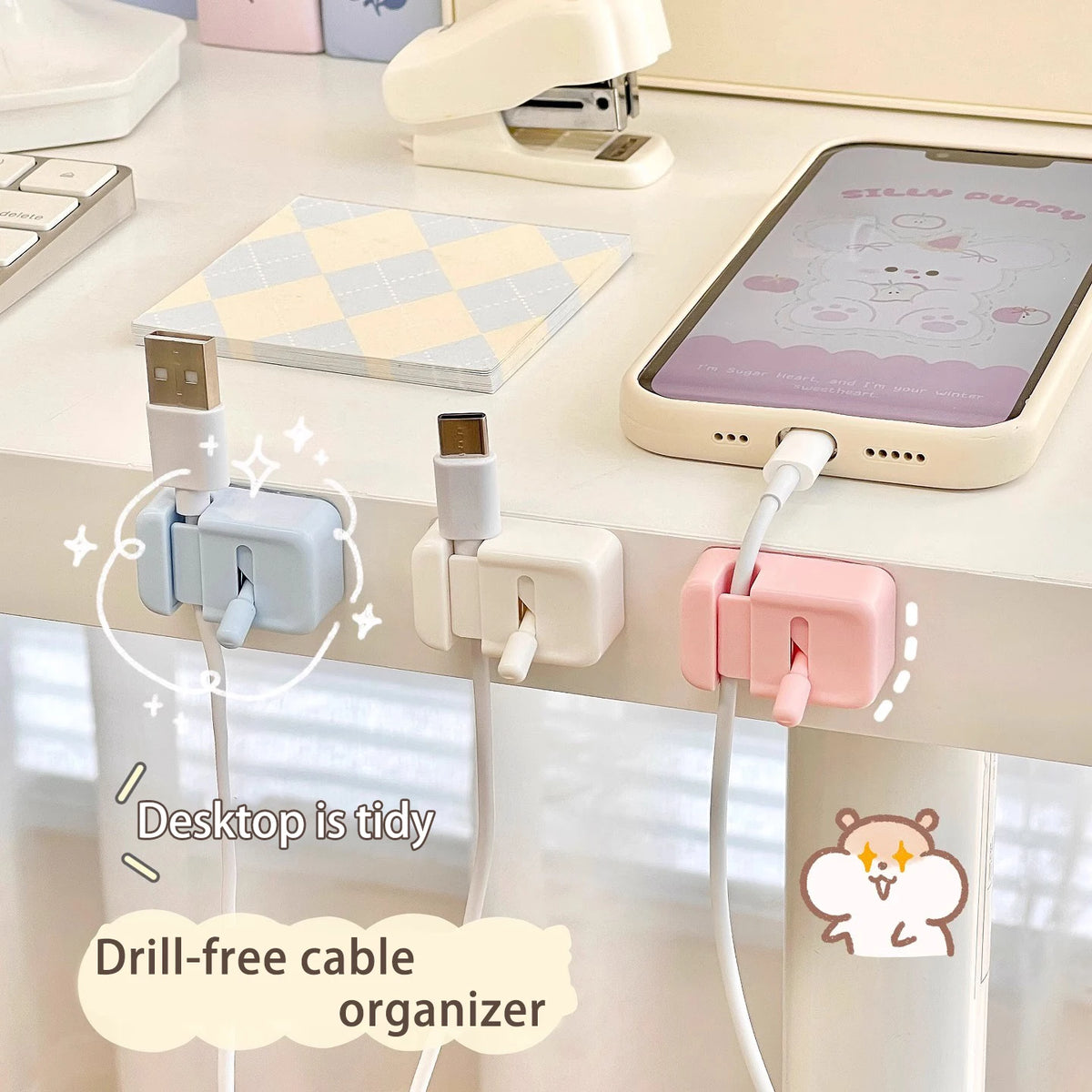 No-Drill Desk Edge Cable Clip Organizer