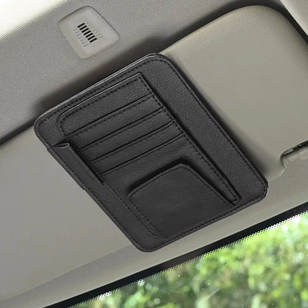 PU Leather Sun Visor Organizer with Card Slots and Sunglasses Holder