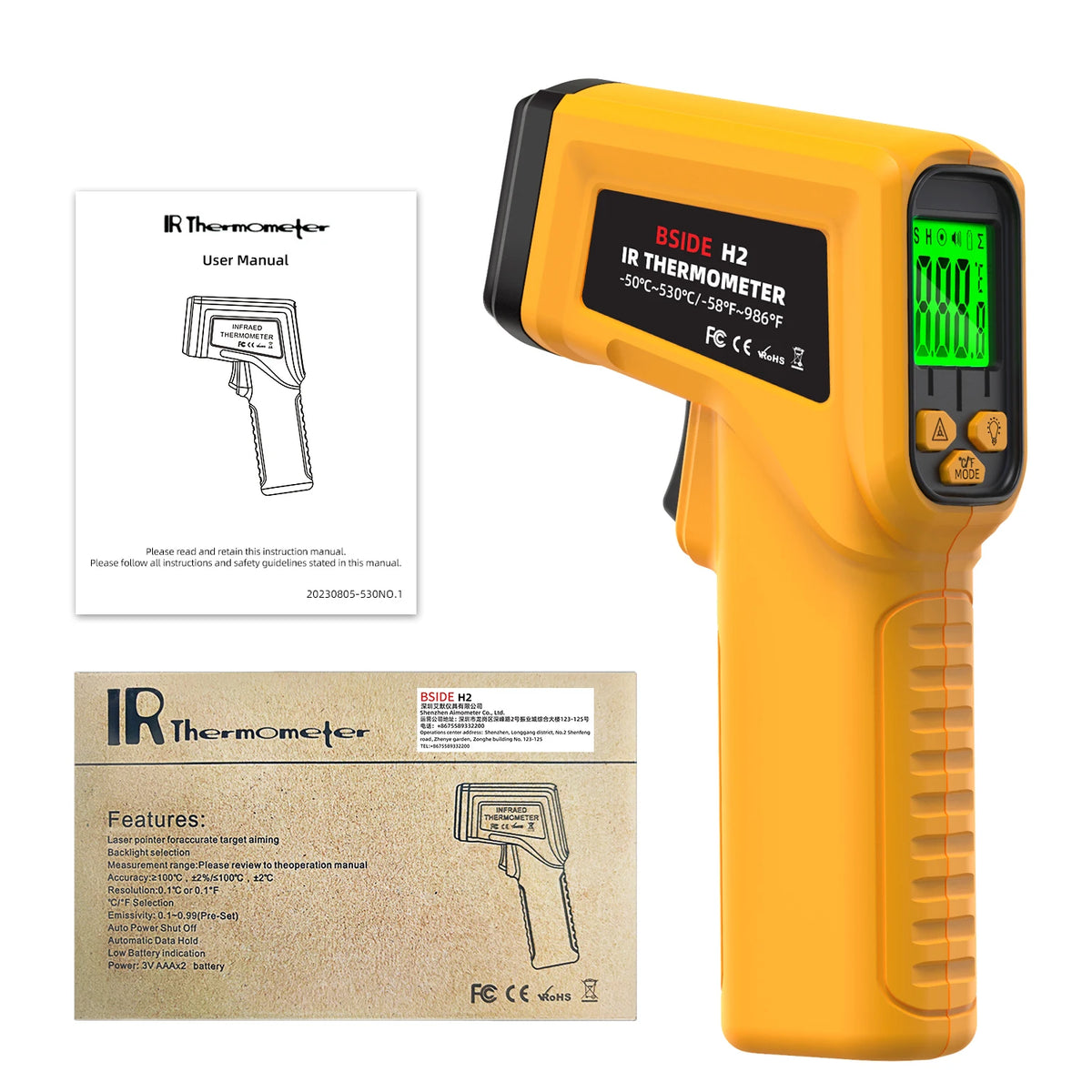 Infrared Thermometer Gun -50~1400°C, Handheld Digital Laser Industrial Non-Contact Temperature Measuring Tester