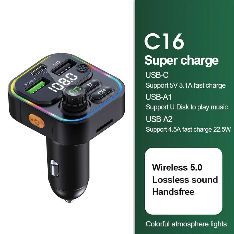 Bluetooth 5.0 FM Transmitter with 22.5W USB Fast Charger & MP3 Player