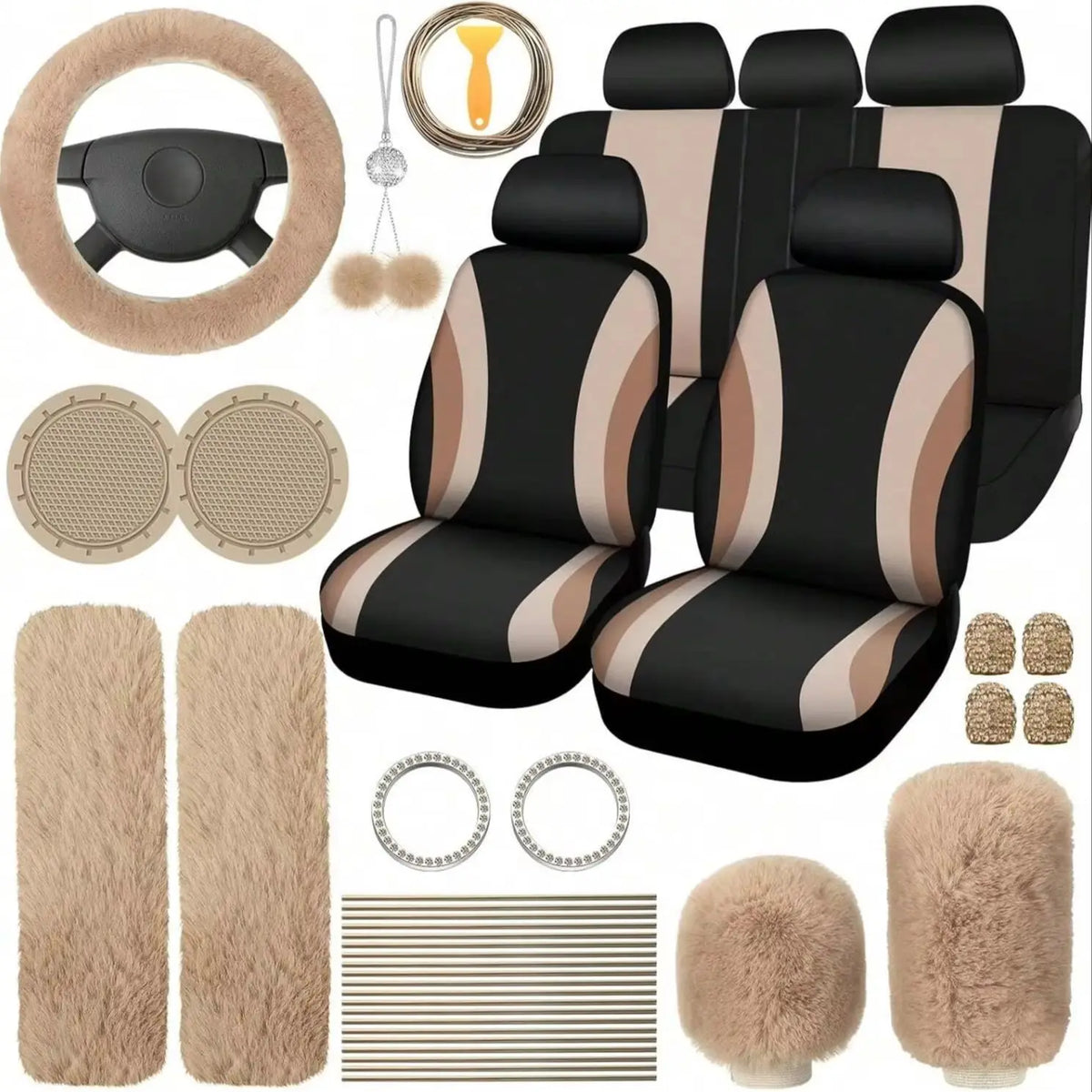 35-Piece Luxury Car Seat Cover Set - Soft Fluffy Steering Wheel Cover, Universal Safety Belt Protectors, Gear Shift Cover, Fashionable Interior Accessories For Women - Premium Polyester Fiber, Easy To Install, Stylish, And Pr
