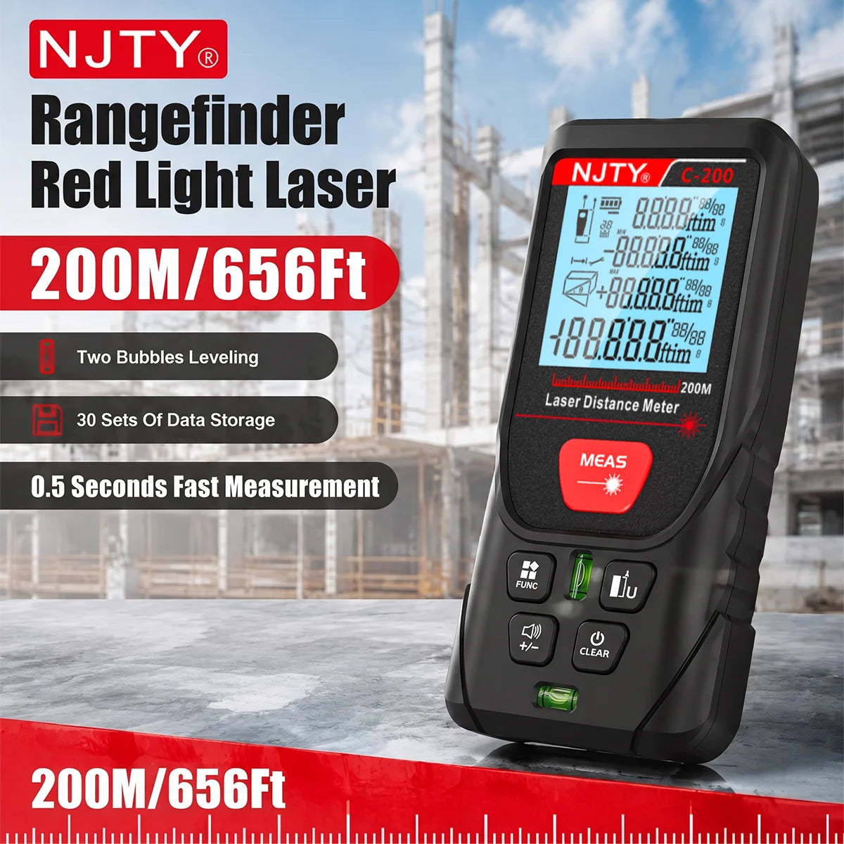 50/100/200m Laser Distance Meter, Handheld Rangefinder with Backlit LCD