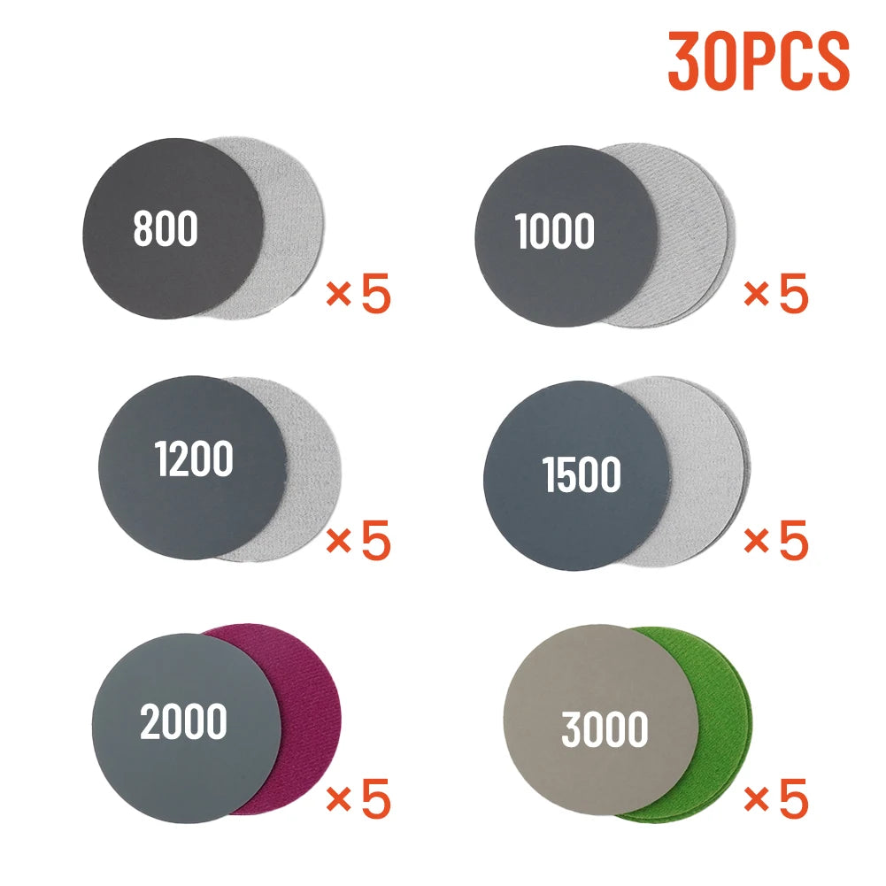 30pcs 3-Inch 75mm Wet/Dry Hook and Loop Sanding Discs, 800-3000 Grit Sandpaper