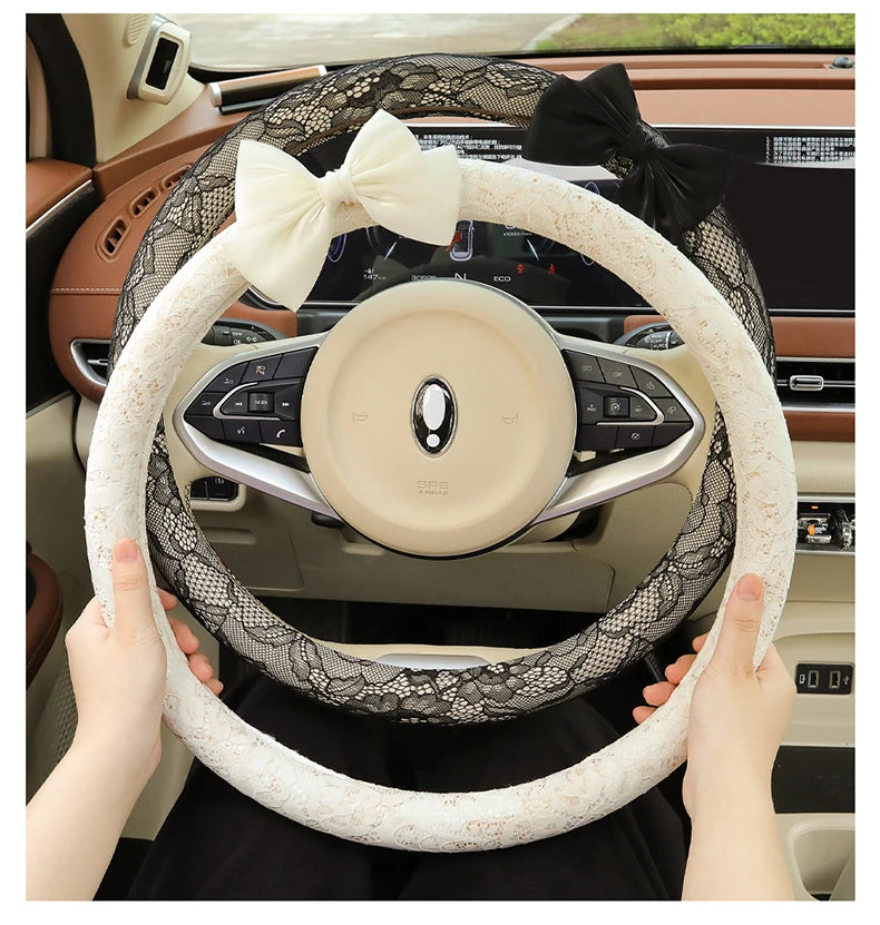 Bow and Lace Steering Wheel Cover, Round or D-Shape