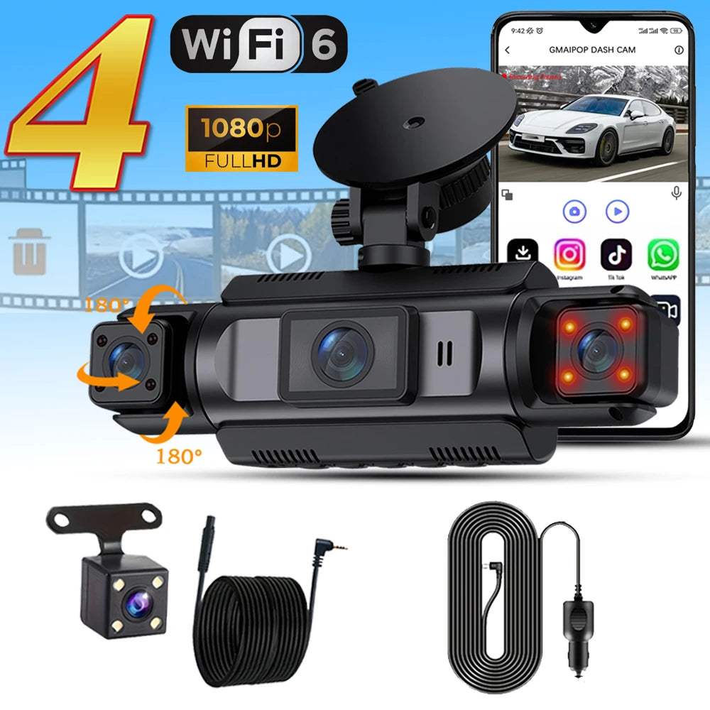 4-Channel Wi-Fi Dash Cam, 1080P Front, Left, Right & Rear with Hardwire Kit