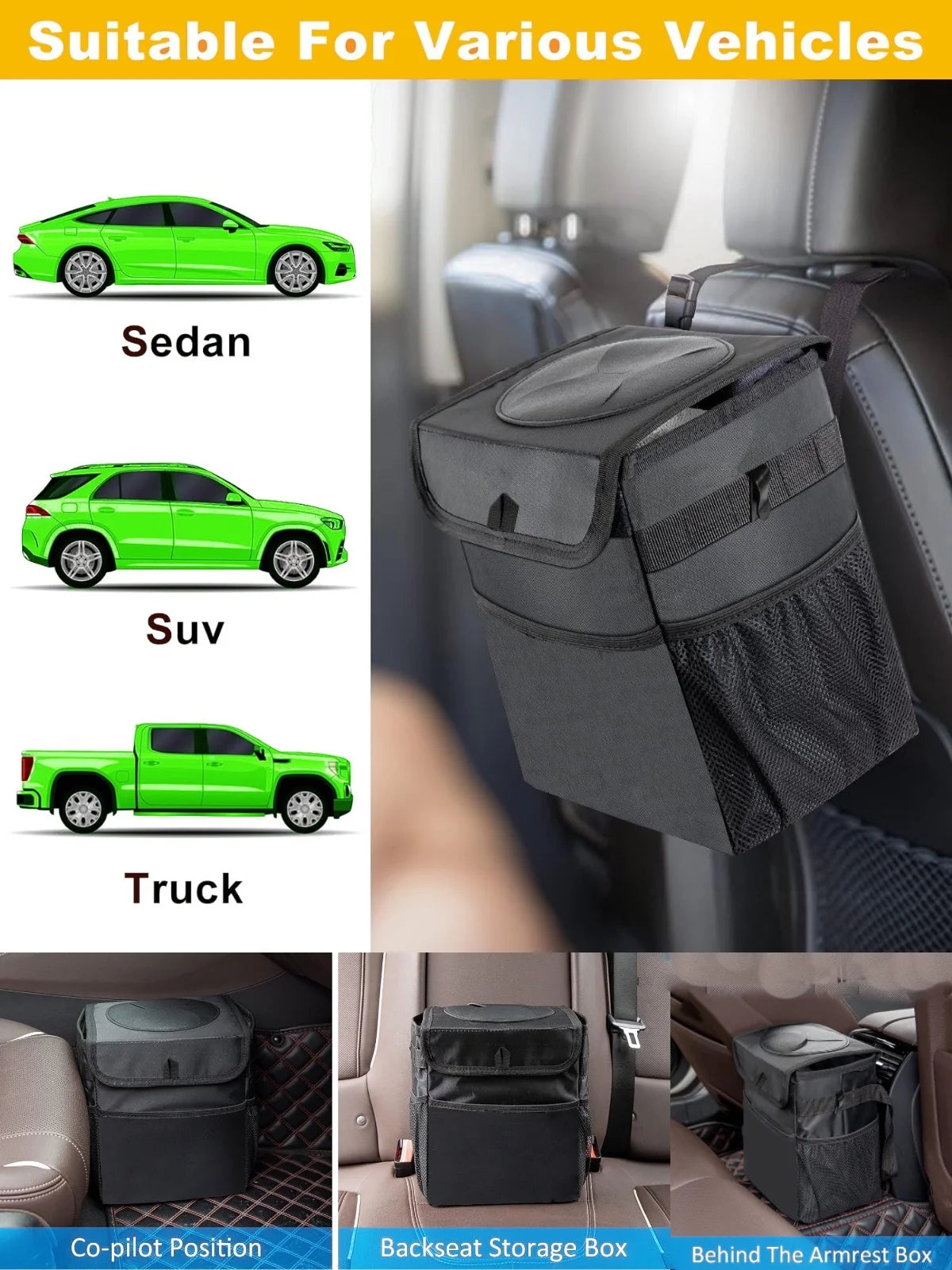 Car Trash Can with Lid - Leakproof Trash Bin Car Garbage Can, Collapsible Automotive Truck Organizer and Storage Bag Car Accesso
