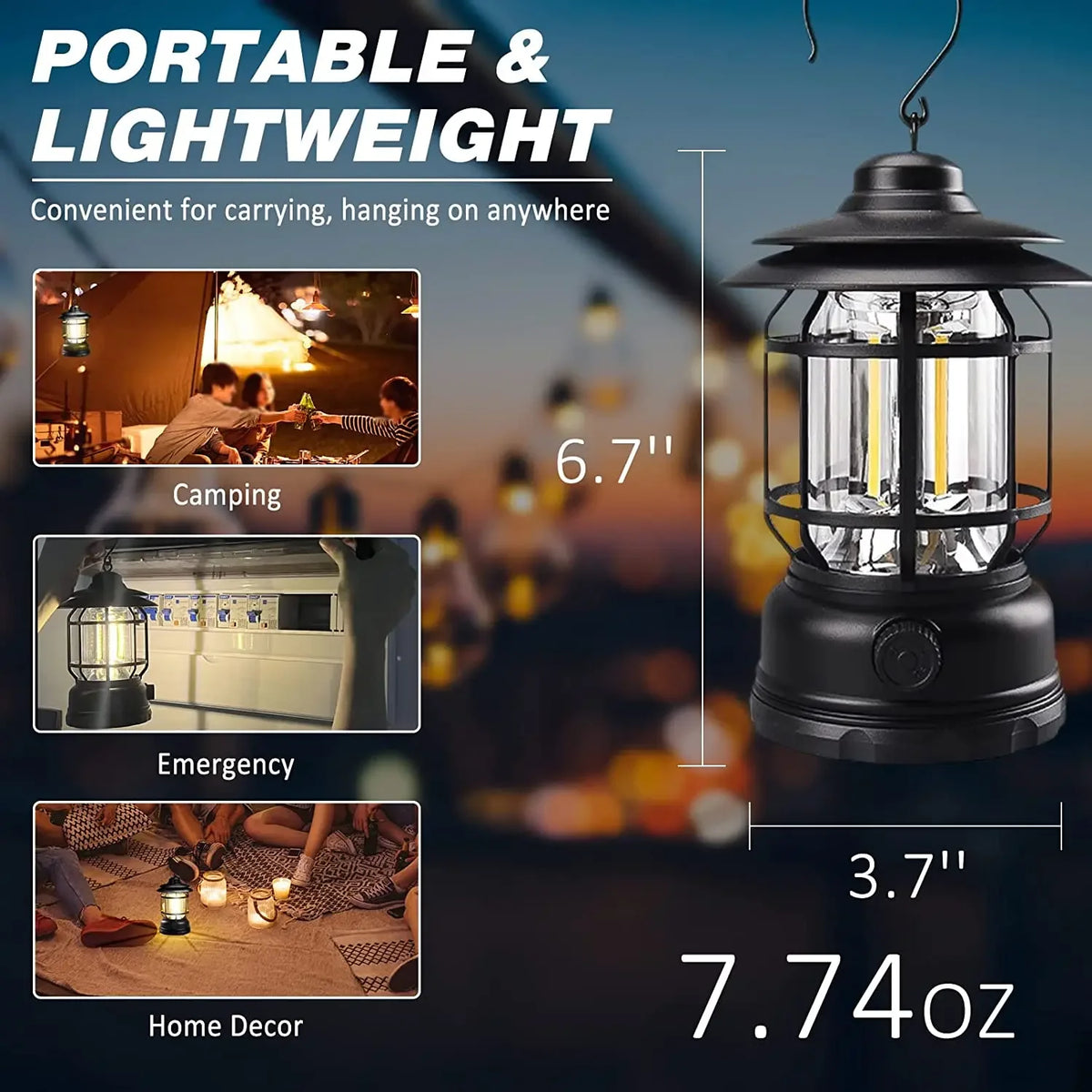 Rechargeable COB Camping Lantern with Stepless Dimming, Waterproof