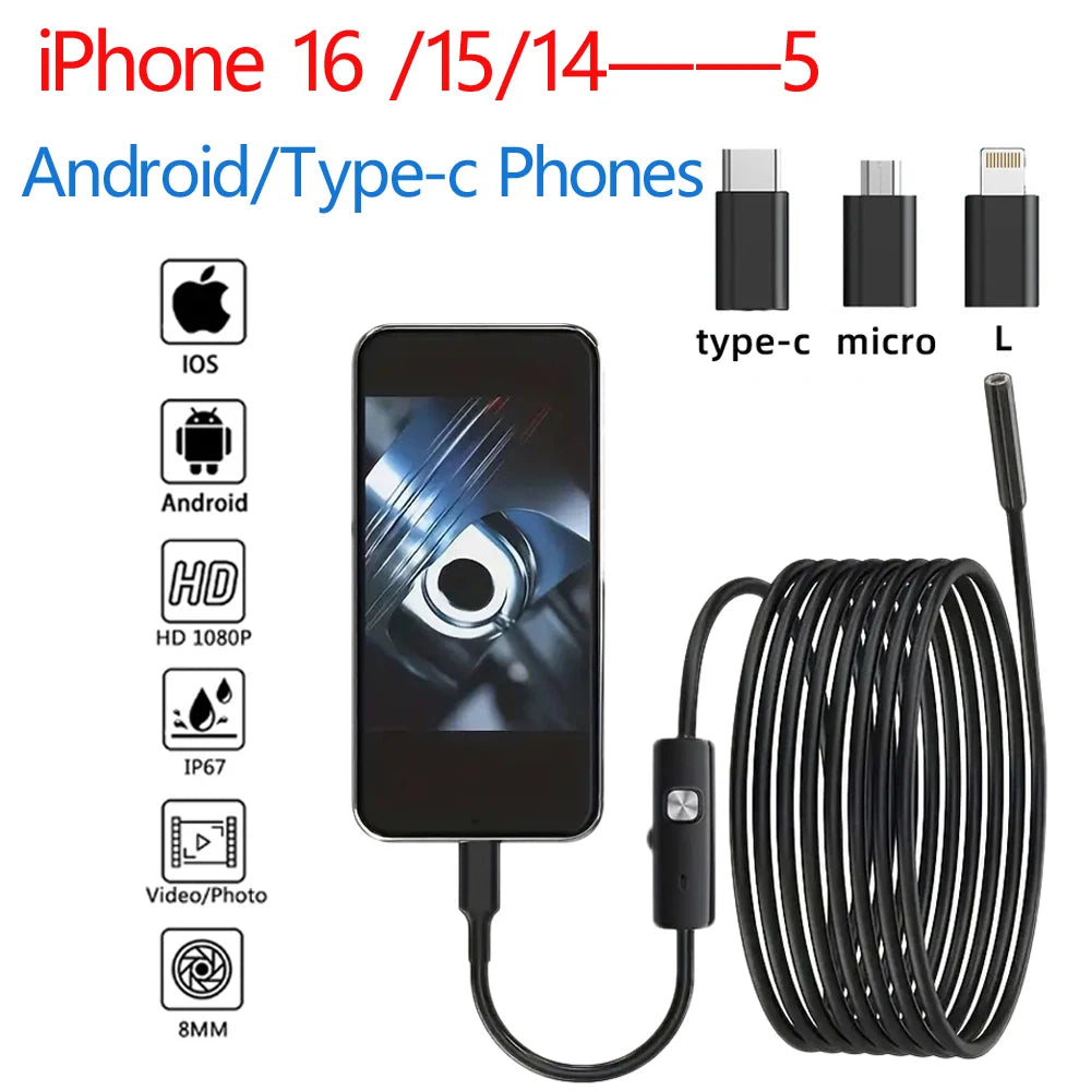 HD1920P Endoscope Inspection  Camera Type-C Mini Inspection Camera IP67  Car Sewer Pipeline Borescope for Android IOS iphone