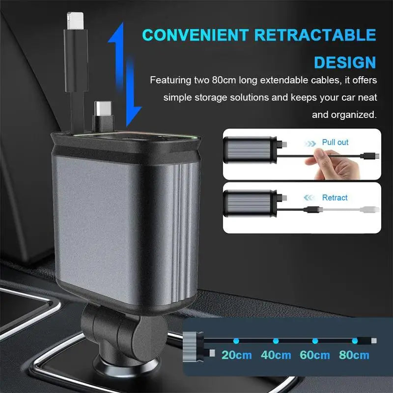 4-in-1 Retractable Car Charger with Starry Sky Light