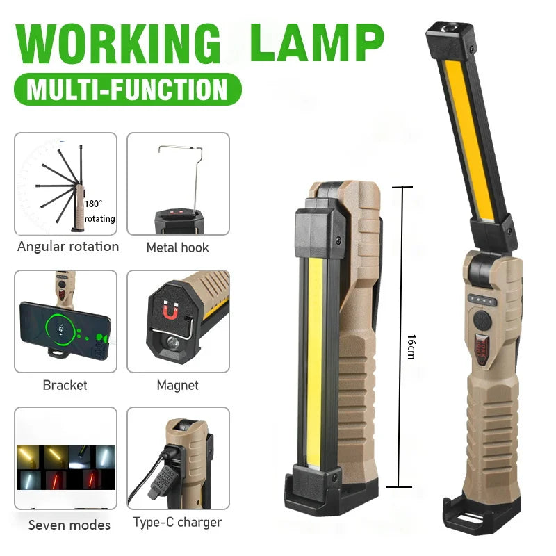Rechargeable LED Magnetic Work Light with Hooks and Rotating Magnetic Base