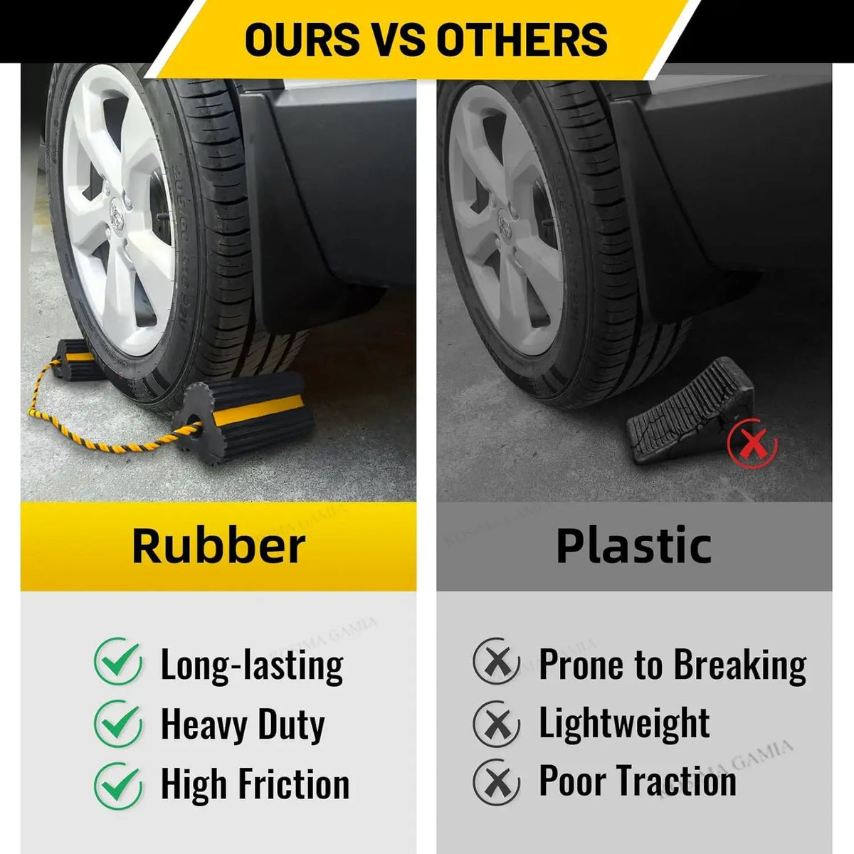 Heavy Duty Rubber Wheel Chocks Yellow Reflective Stripes for Small Airplane RV Truck Trailer