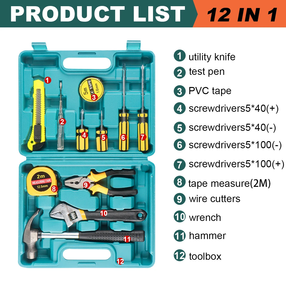 Household Hand Tool Kit 8/9/12/13 Pcs with Plastic Storage Case
