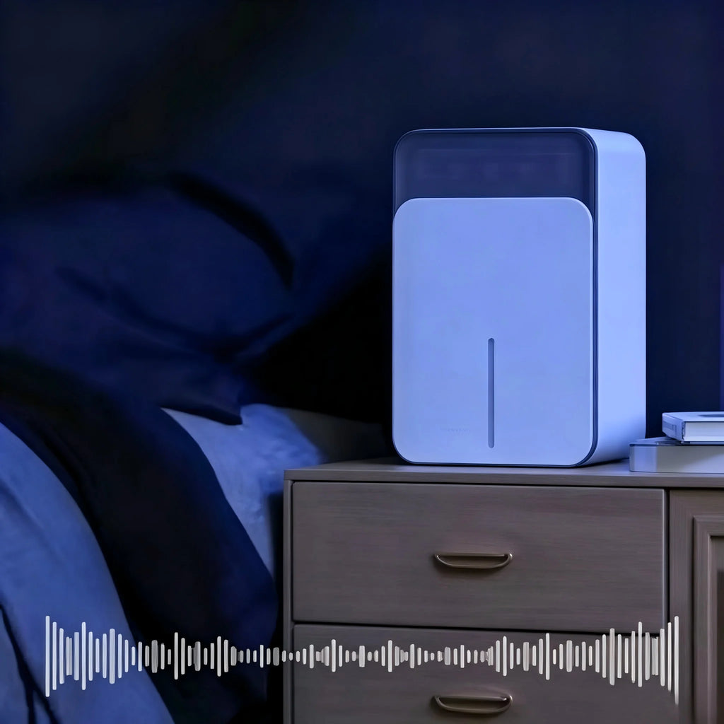 Portable mini dehumidifier with smart sensing for damp and odour control in bedrooms