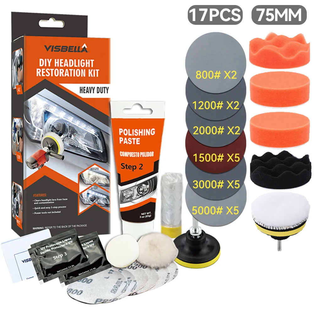Car Headlight Restoration Kit with Polishing Paste, Sanding & Wax
