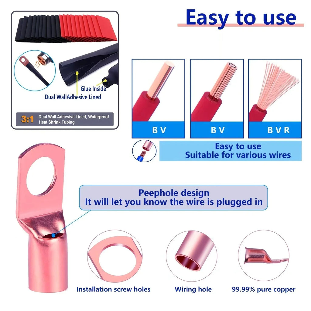 140/220pcs Battery Lug Ring Terminal Kit for Power Cable Ends