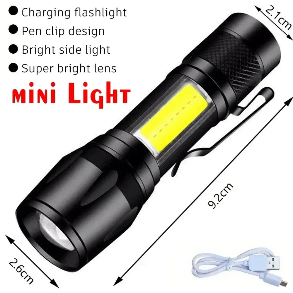 Rechargeable Zoom LED Flashlight with Display & Side Work Light