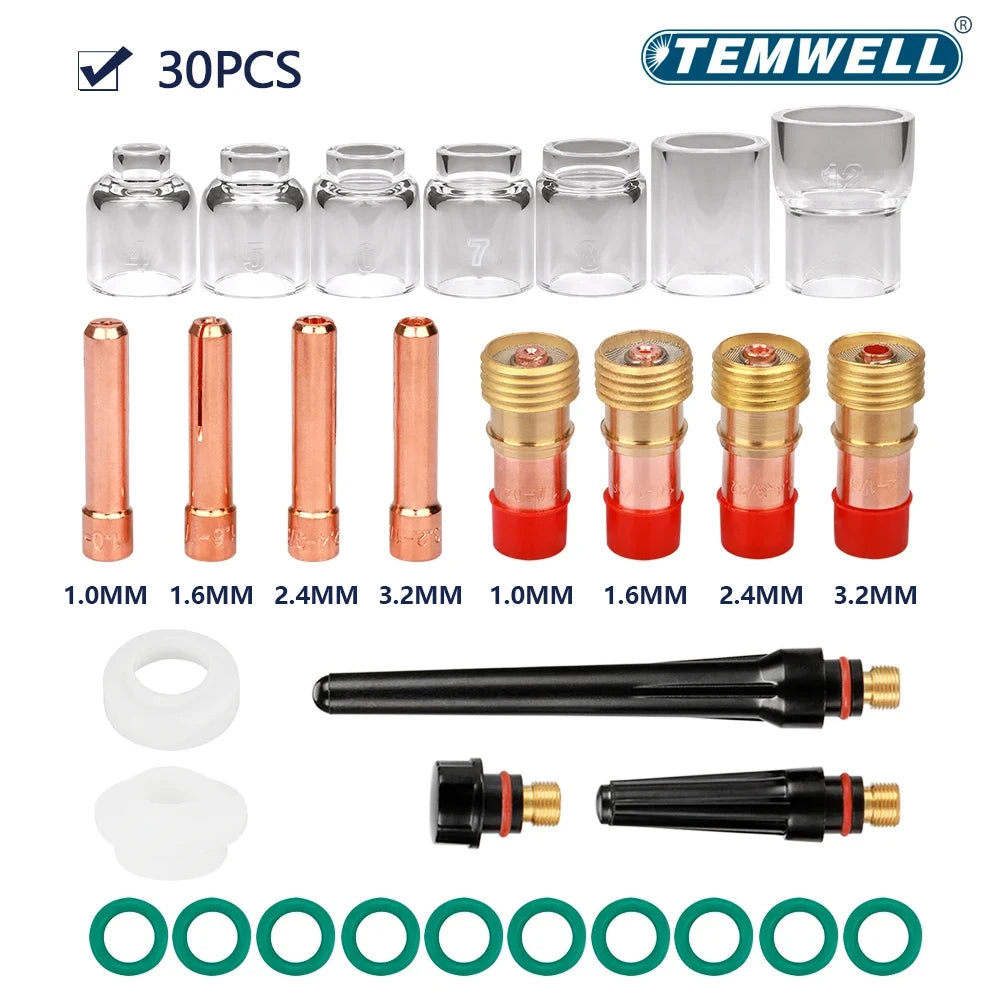 30Pcs TIG Welding Torch Accessories 2.4mm 3/32" Stubby Gas Lens Pyrex Glass Cup Nozzle Kit  For WP-17/18/26 Soldering Supplies