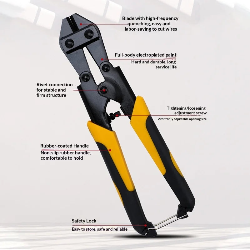 Compact 8 Inch Bolt Cutter Heavy Duty Steel 42HRC Heat-Treated Jaw with Safety Lock