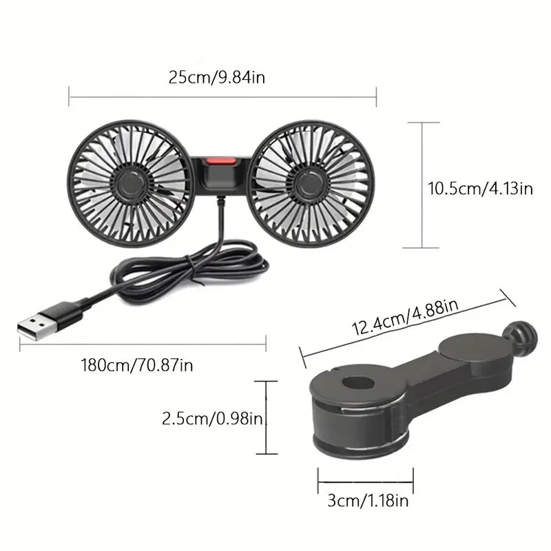 Dual Head Car Seat Back Cooling Fan, USB, 3-Speed, 360° Rotation