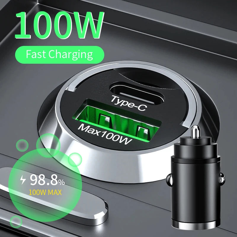 Mini Dual-Port USB and Type-C Car Charger with Pull Ring