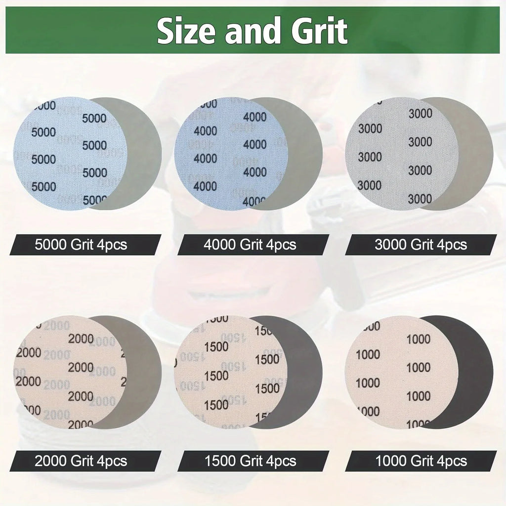 24pcs 5-Inch Wet & Dry Sandpaper Discs, 1000-5000 Grit, Round No-Hole Sanding Pads