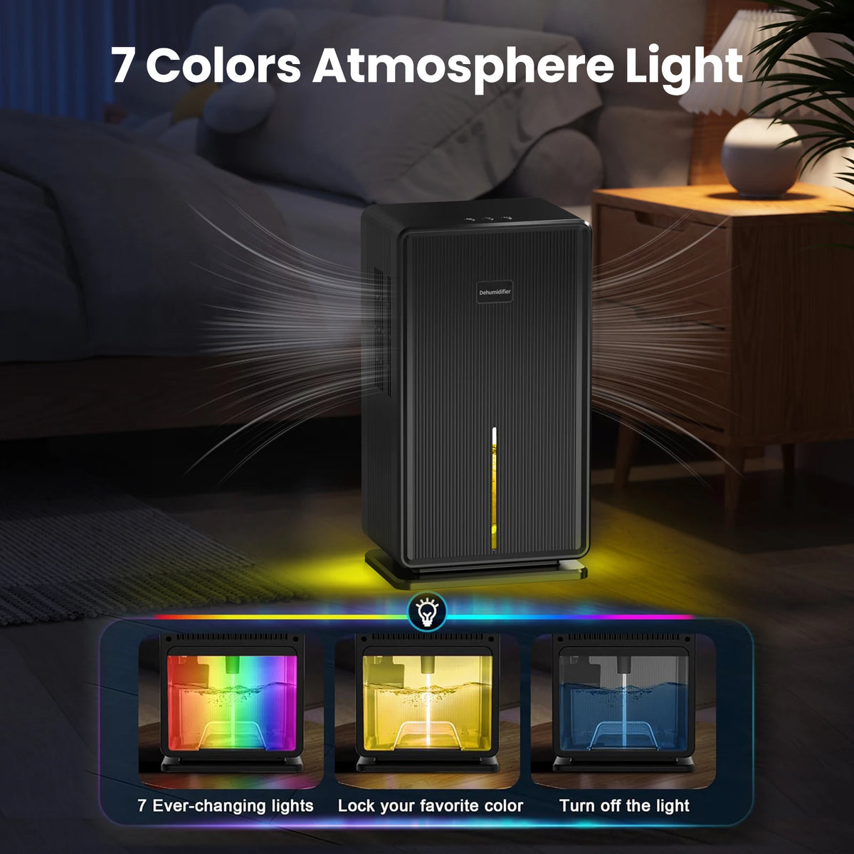 100 Oz Home Dehumidifier for 750 Sq Ft with 7-Color Light & Auto Shut-Off