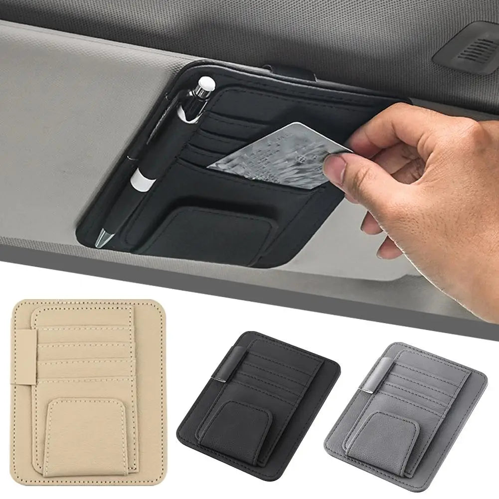 PU Leather Sun Visor Organizer with Card and Sunglasses Holder
