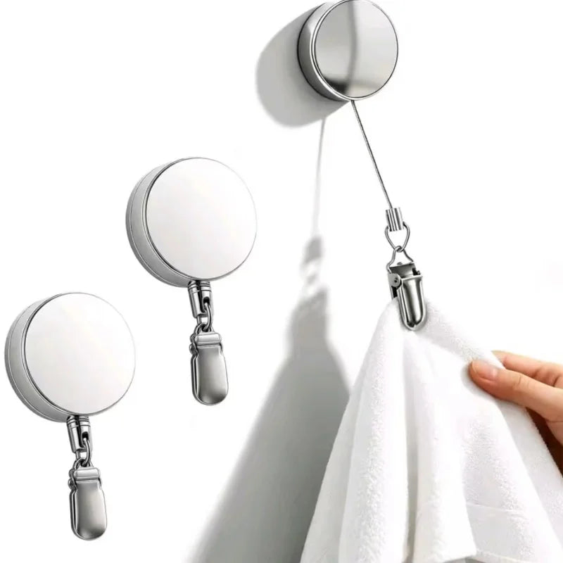 Automatic Retractable Towel Rack, No Punching Self-Adhesive Wall Hanging Towel Holder, Automatic Rebound with Strong Clip
