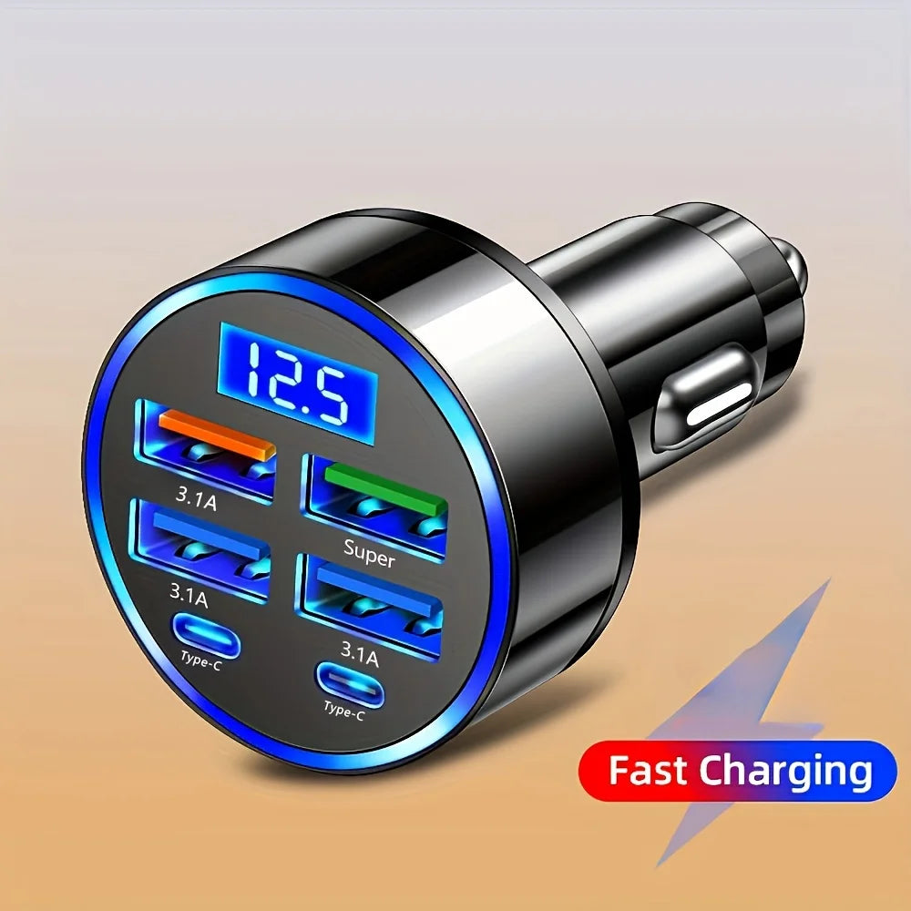 6-in-1 Car Charger Adapter with Dual USB-C and Digital Display