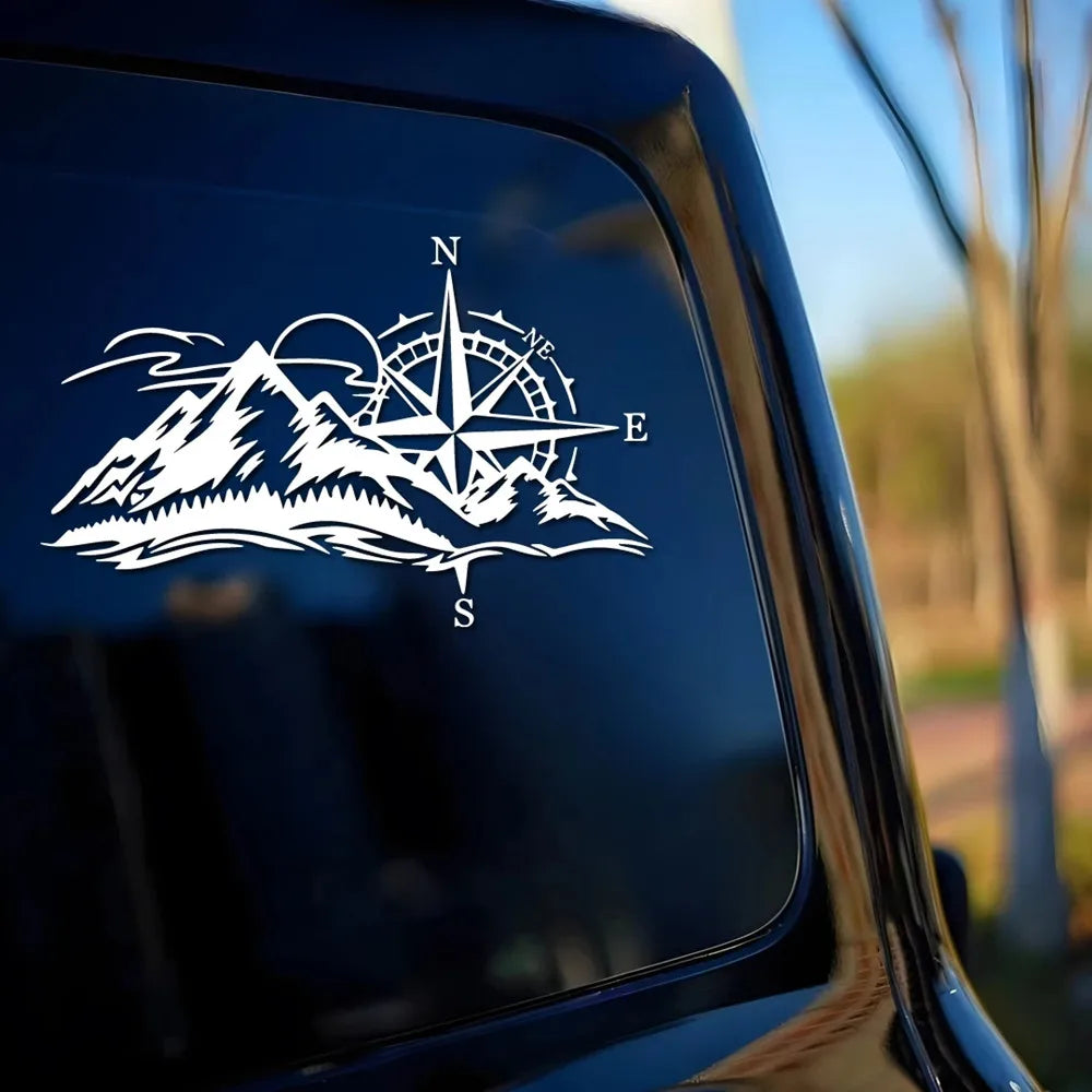 Compass and Mountain Peak Vinyl Sticker, Removable Waterproof Decal - view 3