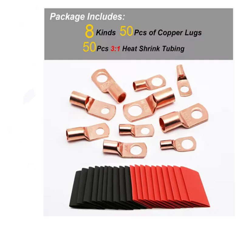 100pcs Copper Ring Lug Terminal Kit AWG 4 6 8 10 12 With Shrink Tubing
