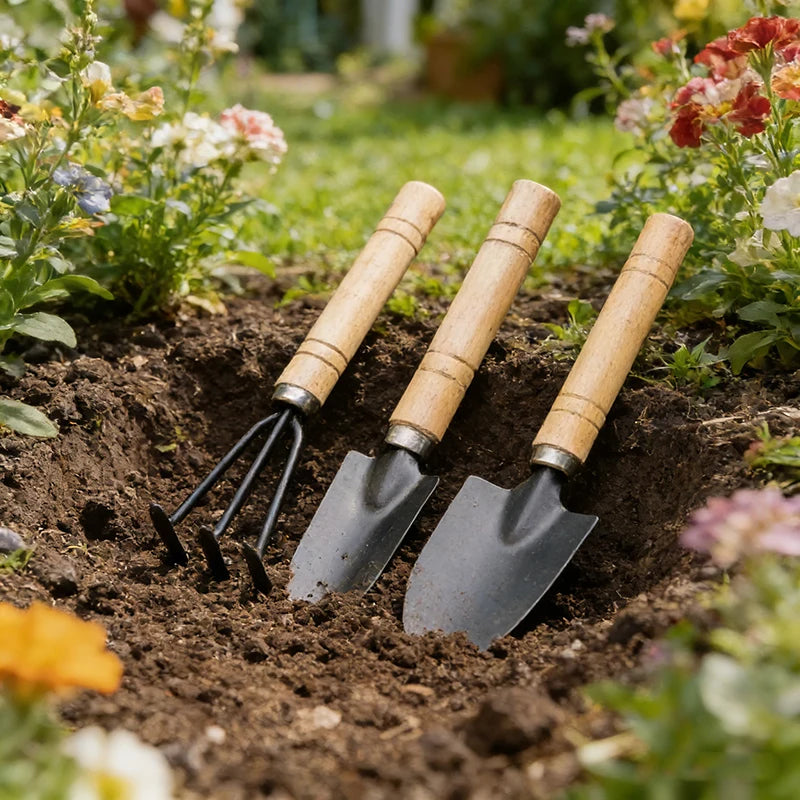 3Pcs/Set Mini Gardening Tools Set | Portable Shovel & Rake Kit with Wooden Handles for Indoor Planting, Soil Loosening