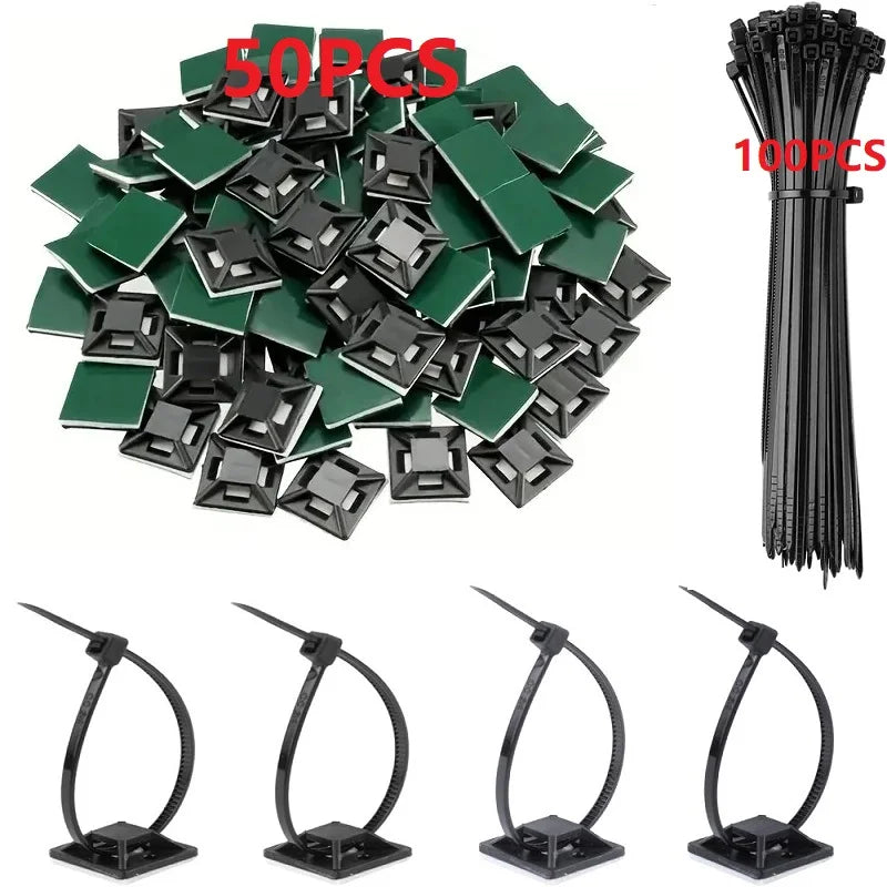 50/100/150pcs Nylon Self-Adhesive Cable Ties Mount Reusable Cable Management Organizer