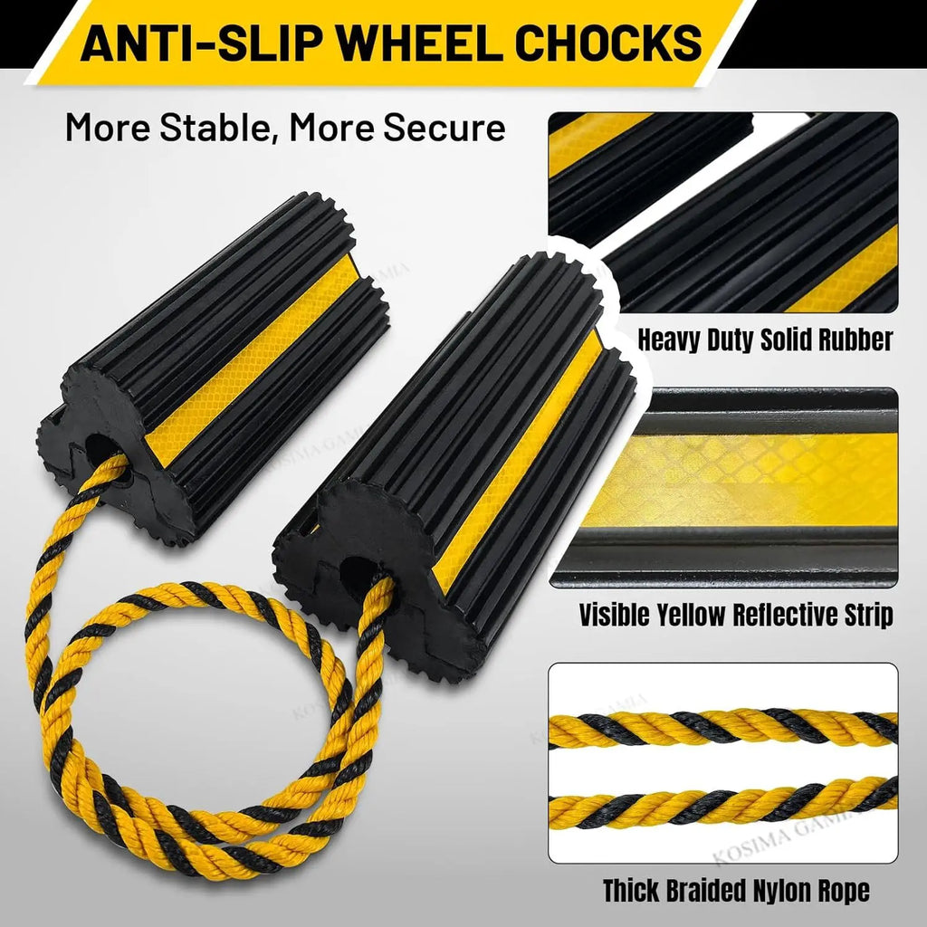 Heavy Duty Rubber Wheel Chocks Yellow Reflective Stripes for Small Airplane RV Truck Trailer