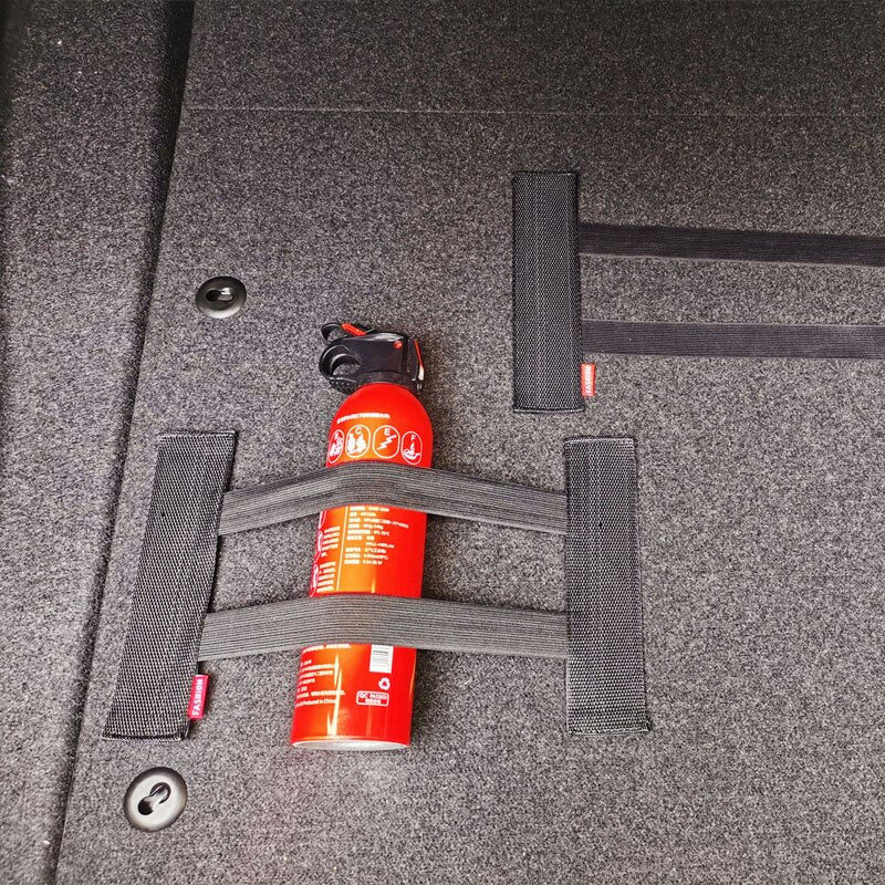 Elastic Trunk Straps and Mesh Net for Fire Extinguisher and Small Items