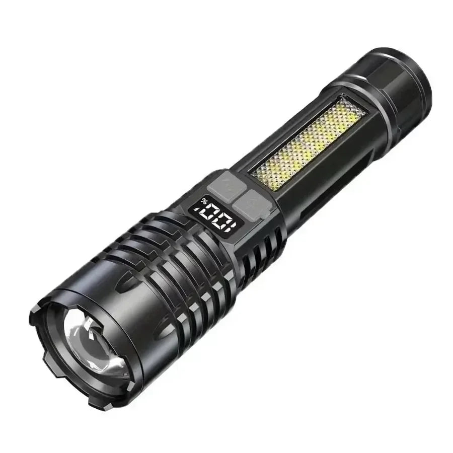 Rechargeable Zoom LED Flashlight with Display & Side Work Light