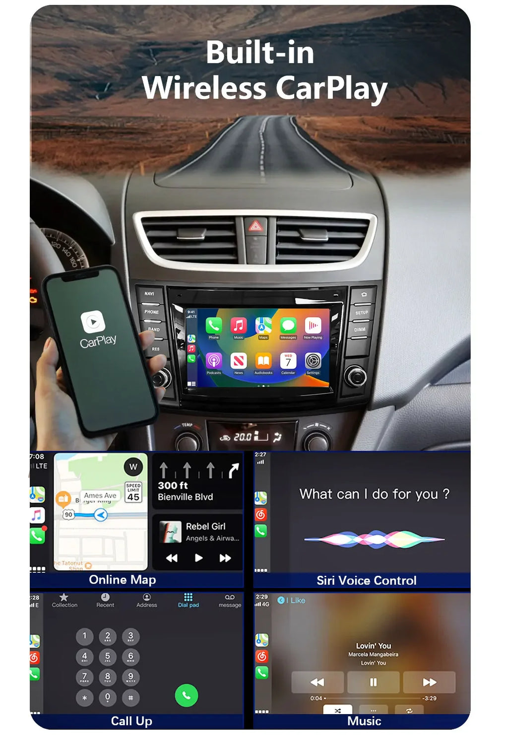 Suzuki Swift 2011-2016 Wireless CarPlay Android Auto 7" Player - image 3