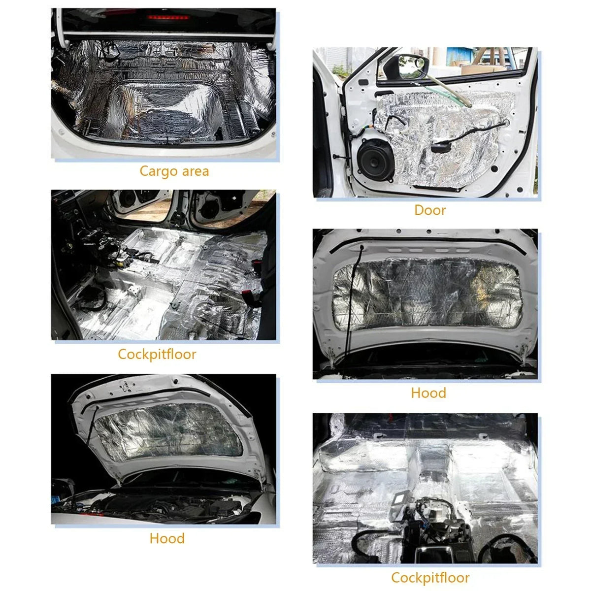 Car noise deadening mat, closed cell foam hood and panel insulation sheet