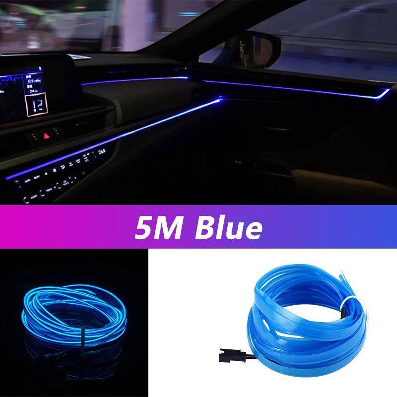 Car Interior LED Neon EL Wire Ambient Light Strip, USB, 5m